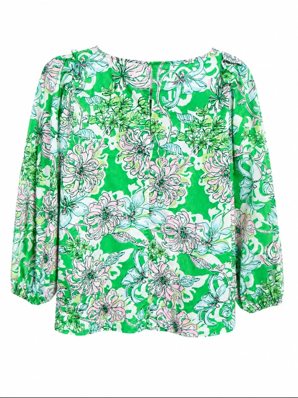 Lilly Pulitzer Green Pink Floral 100% Cotton Puff Sleeve Blouse Women’s 10